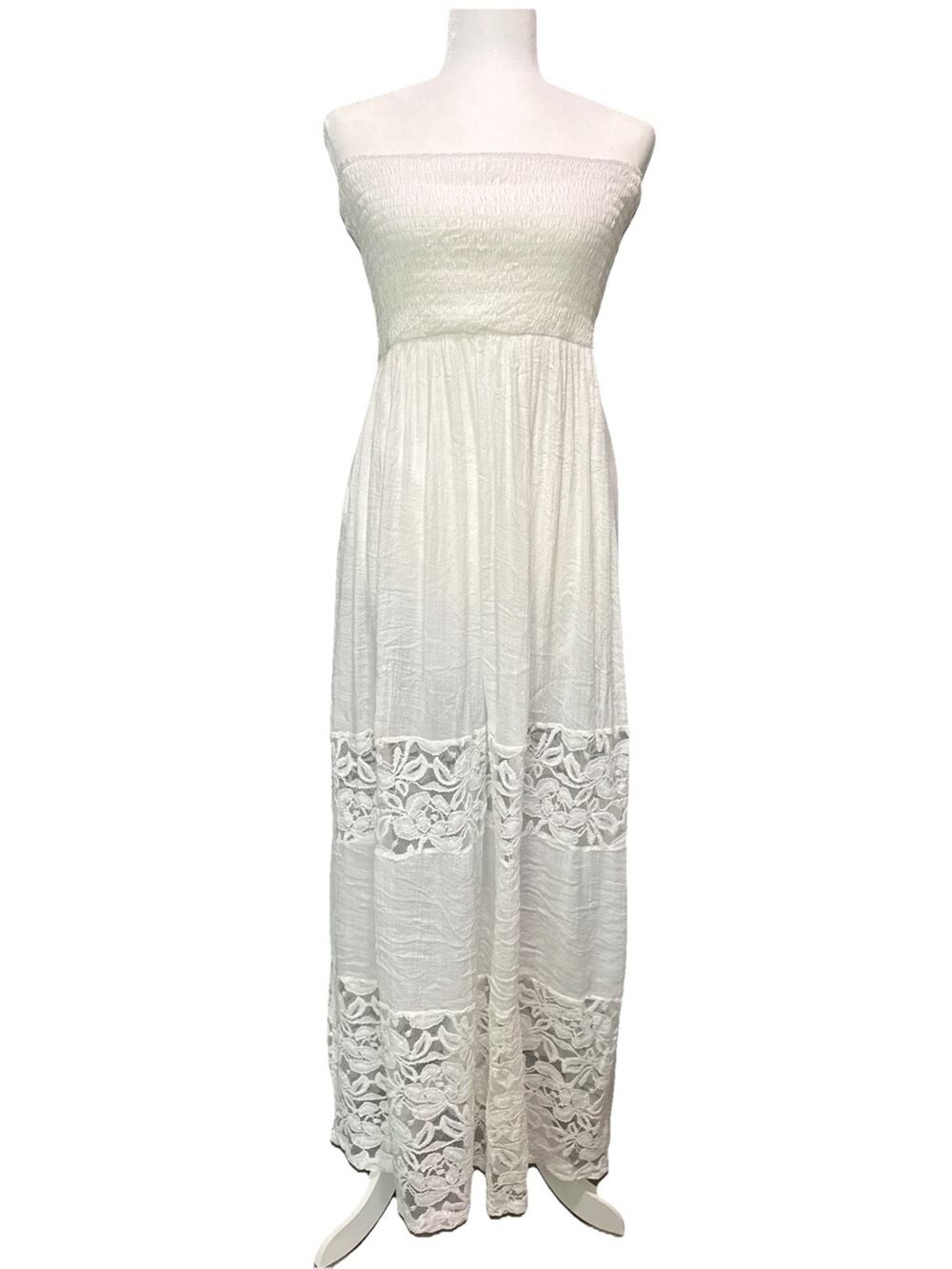 Halo Strapless Smocked Maxi Dress Womens L White Gauze Floral Lace Vacation